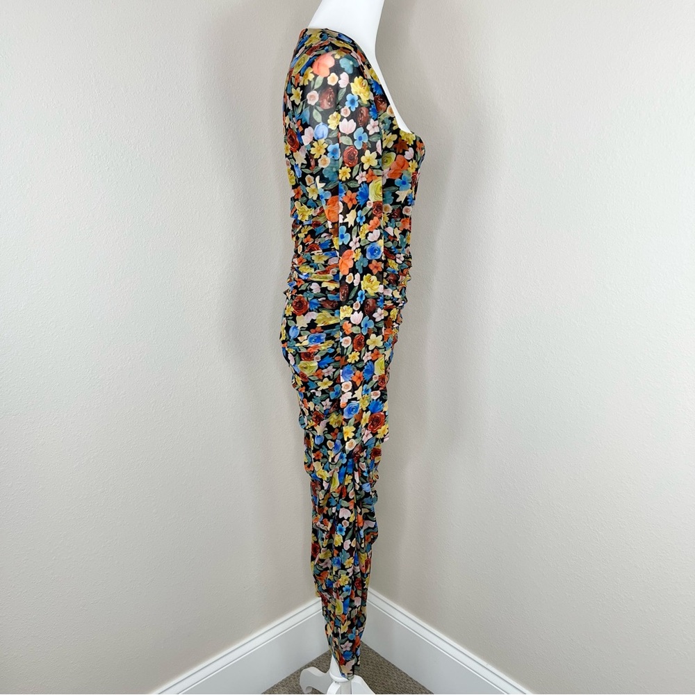 GANNI Colorful Floral SquareNeck Long Sleeve Ruched Stretch Mesh Midi Dress Sz L - Picture 11 of 15